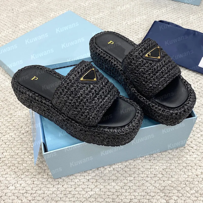 Designadores zapatillas de crochet plano de forma plana sandalias de playa mujeres mulas de lujo rafe grueso fondo verano slip o