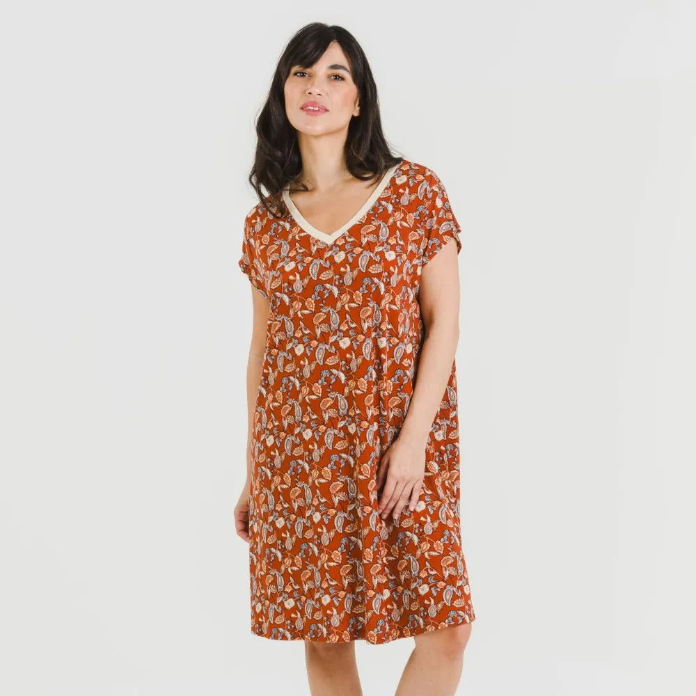 Vestido corto manga fluida crepe Premisa teja