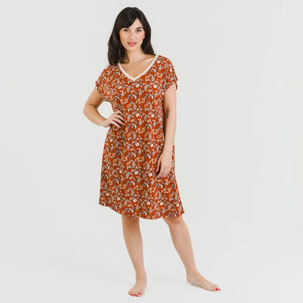 Vestido corto manga fluida crepe Premisa teja