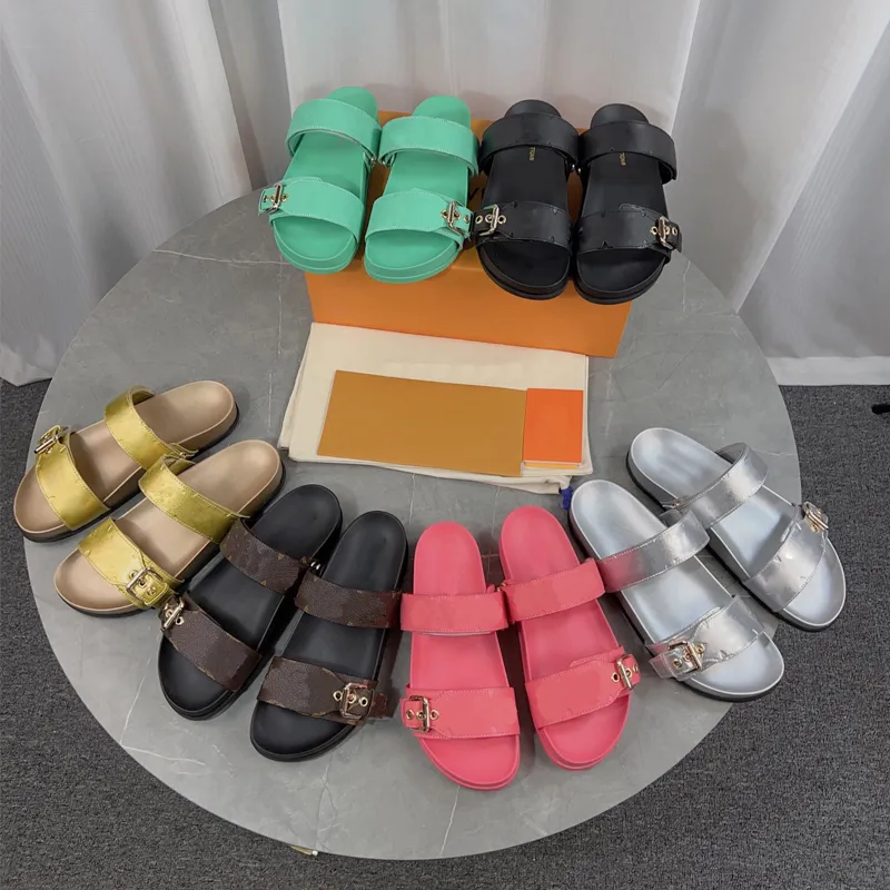 Zapatillas de diseñador clásicas Moda de lujo Unisex BOM DIA FLAT MULE Sandalias de playa de lona de verano Hebilla Suela gruesa