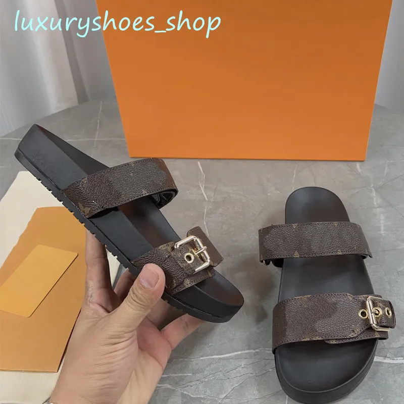 Zapatillas de diseñador clásicas Moda de lujo Unisex BOM DIA FLAT MULE Sandalias de playa de lona de verano Hebilla Suela gruesa