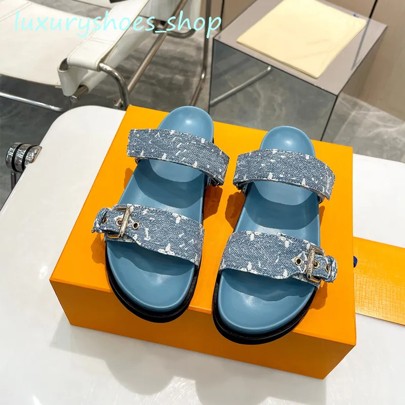 Zapatillas de diseñador clásicas Moda de lujo Unisex BOM DIA FLAT MULE Sandalias de playa de lona de verano Hebilla Suela gruesa